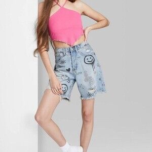 Wild Fable Graphic High Rise Distressed Denim Bermuda Shorts 100% Cotton Size 2
